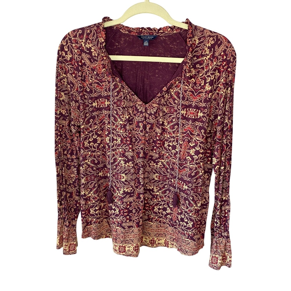 Lucky Brand Womens Burgundy Paisley Floral Tassel Tie Boho Blouse Large L/G